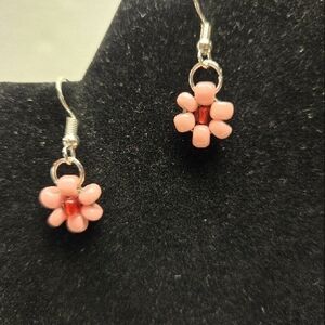 Hand Crafted Cute Silver and Pink Flower Beaded Dangle Earrings